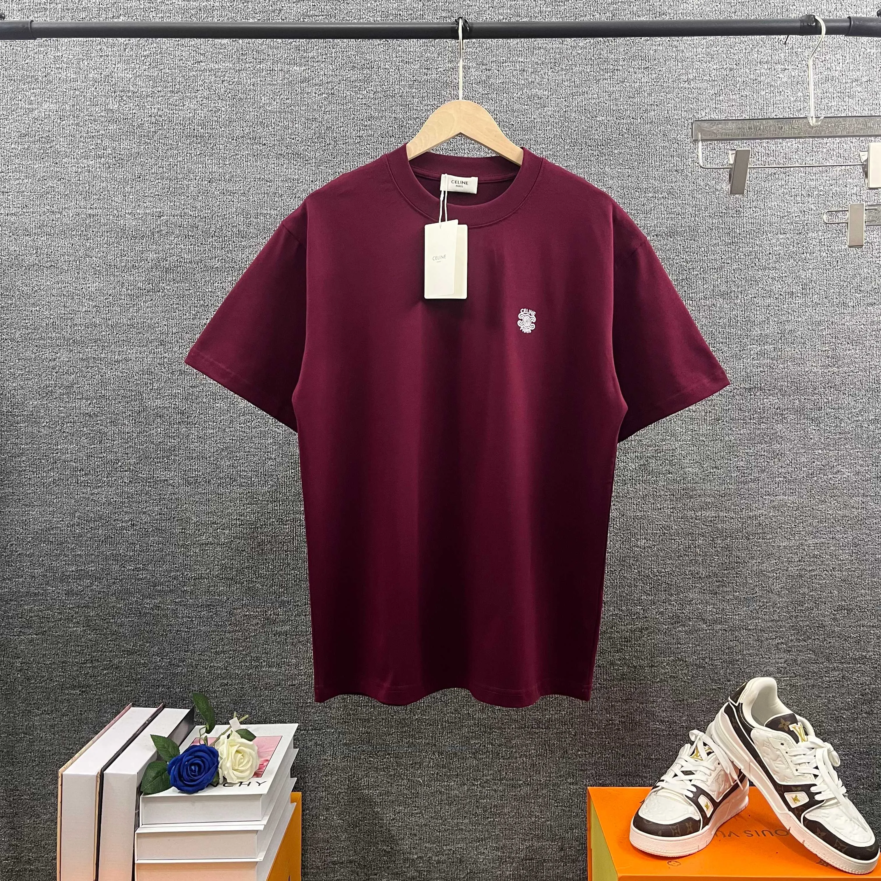 Cel* Ce*lin 2026 spring and summer style Cel*lin letter logo embroidery technology Double yarn custom plain cotton fabric Short-sleeved T-shirt Men and women Same Style Color: Black White Gray Wine Red Size: S (90-130 pounds) M (120-150 pounds) L (140-165 pounds) XL (160-180 pounds) XXL (180-210 pounds)